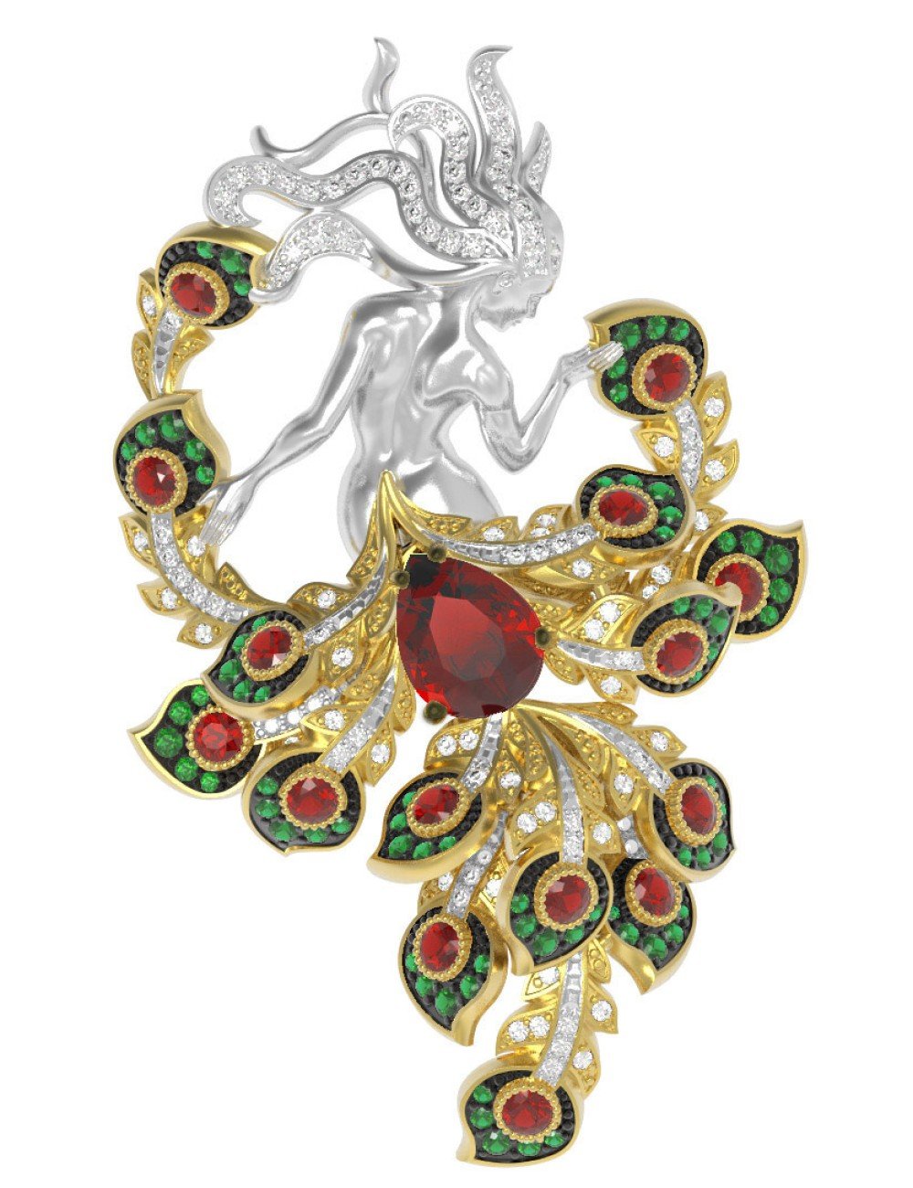 Брошь из лимонного золота c фианитом и гранатом