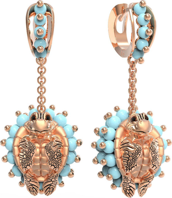 Серьги из красного золота 585 пробы c эмалью и бирюзой