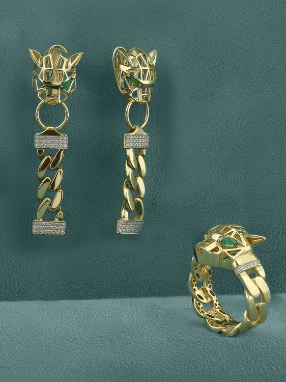 Серьги из лимонного золота 585 пробы c бриллиантами и изумрудом