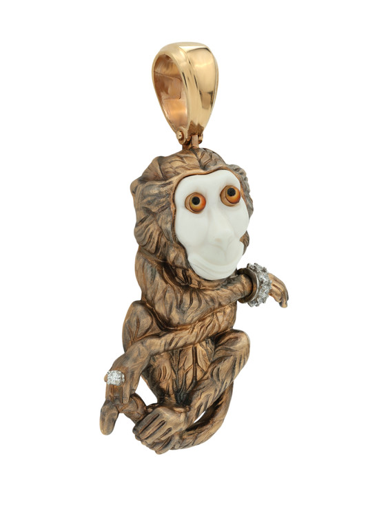 Подвеска из красного золота 585 пробы c эмалью, бриллиантами, рубином и бивнем мамонта