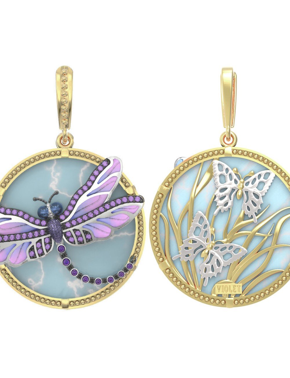 Подвеска из лимонного золота c бирюзой, аметистом и эмалью