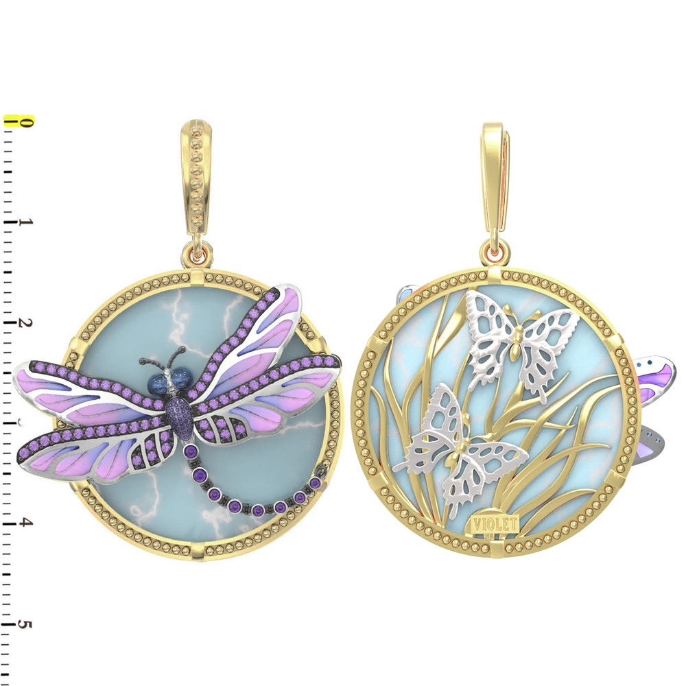 Подвеска из лимонного золота 585 пробы c бирюзой, аметистом и эмалью