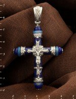 Крест из белого золота c агатом и лазуритом