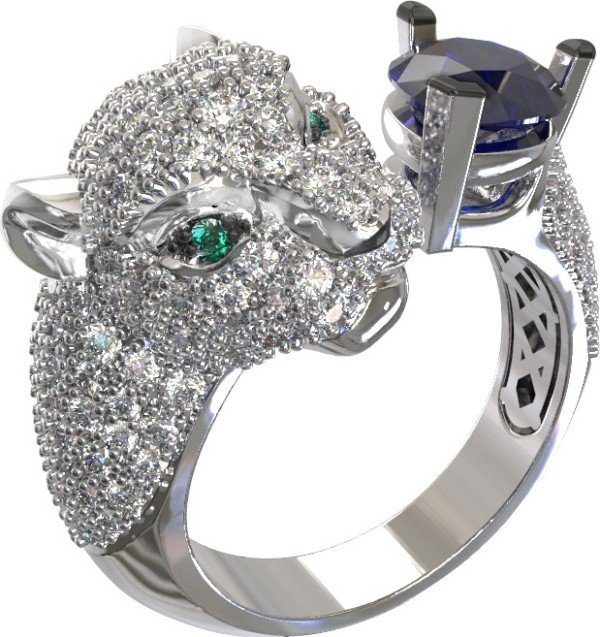Кольцо из белого золота c бриллиантами, сапфиром и изумрудом