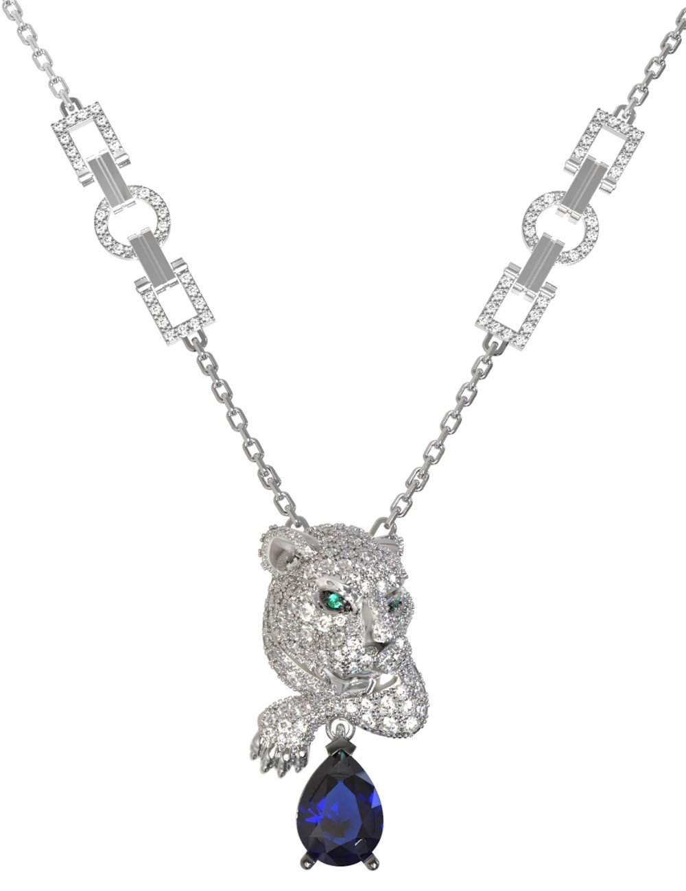 Колье из белого золота c бриллиантами, сапфиром и изумрудом