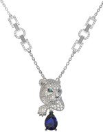 Колье из белого золота c бриллиантами, сапфиром и изумрудом