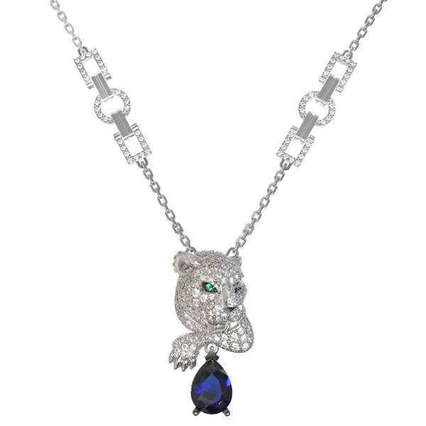 Колье из белого золота 585 пробы c бриллиантами, сапфиром и изумрудом