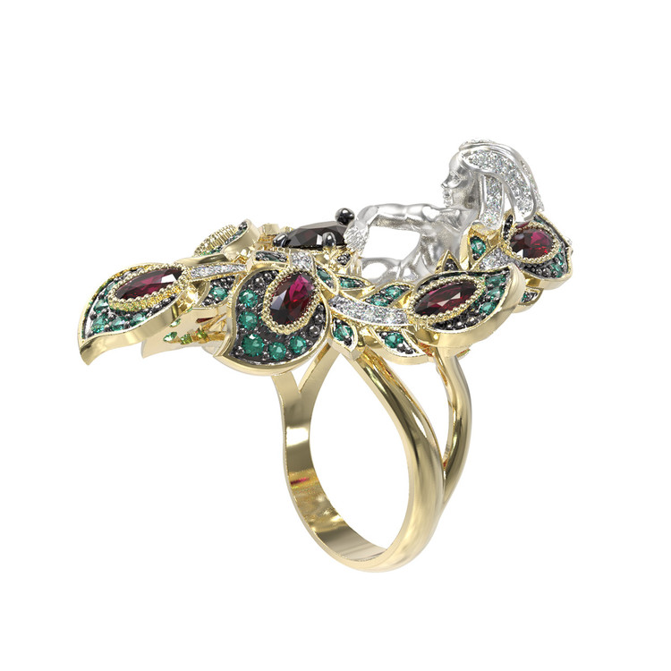 Кольцо из лимонного золота 585 пробы c фианитом и гранатом