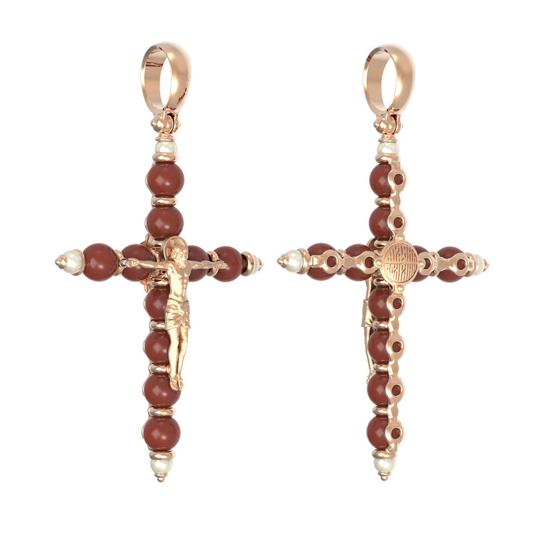 Крест из красного золота 585 пробы c жемчугом и кораллом