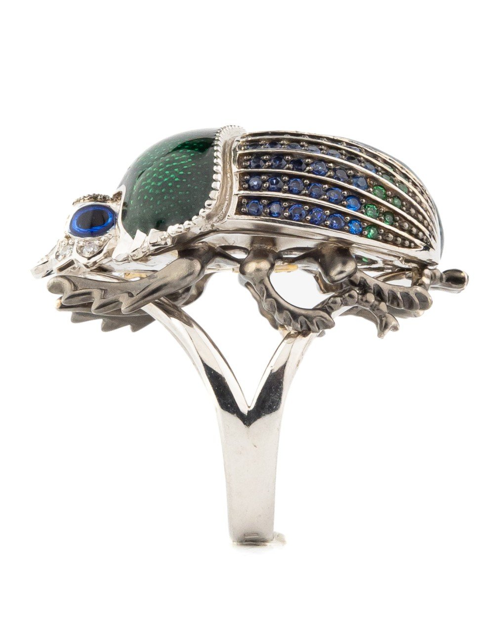 Кольцо из белого золота c эмалью, фианитом и сапфиром