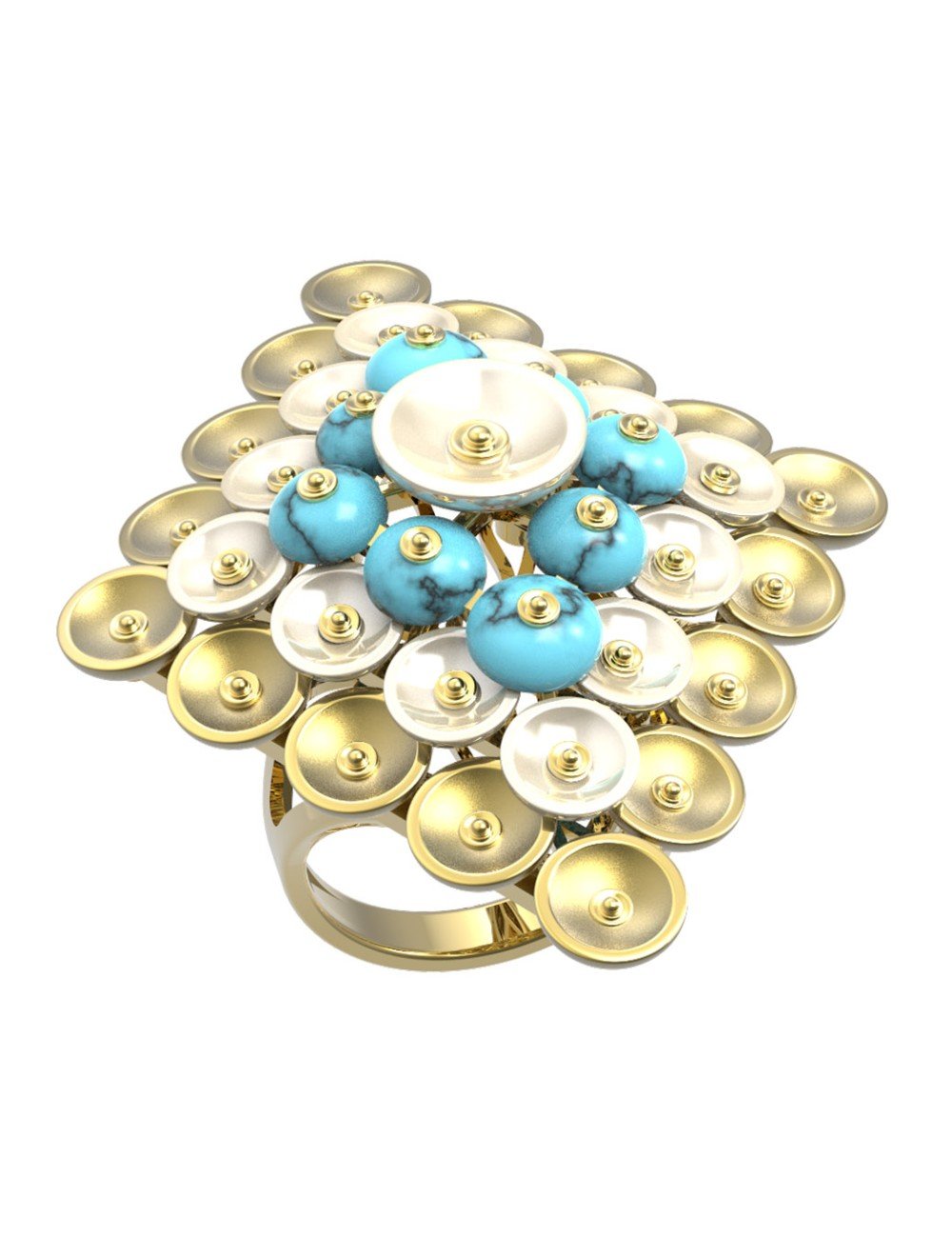 Кольцо из лимонного золота c бирюзой и перламутром