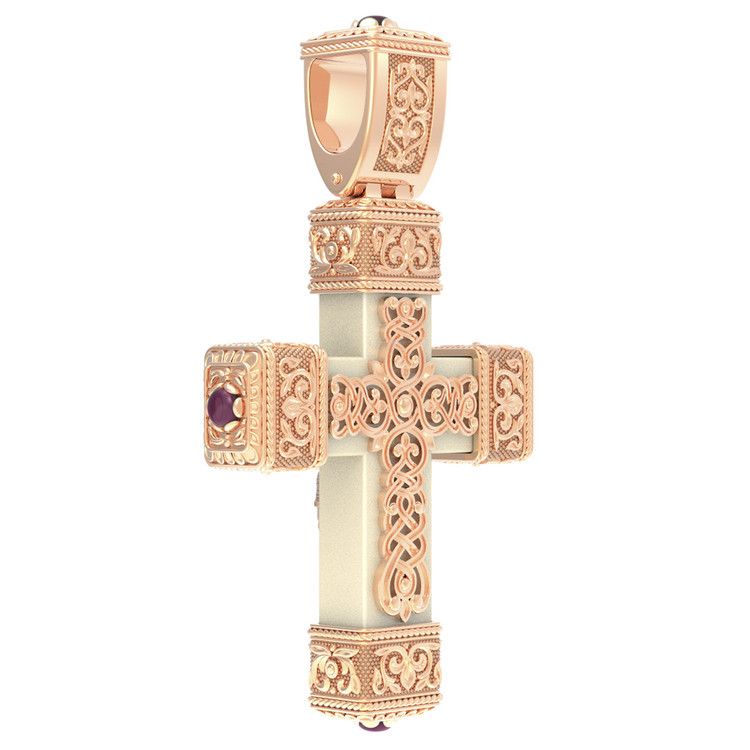Крест из красного золота 585 пробы c эмалью, рубином и бивнем мамонта