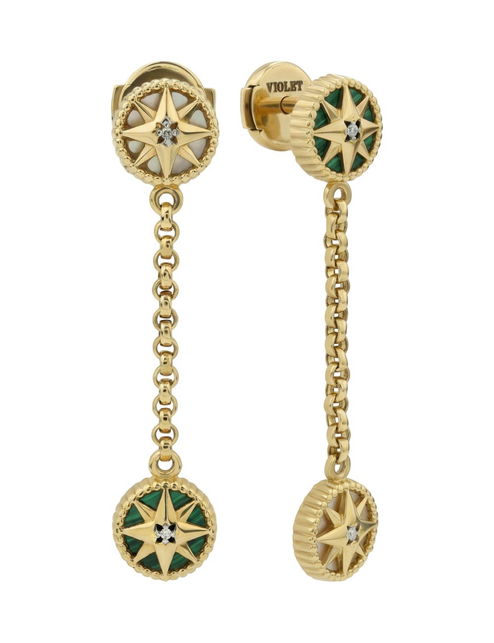 Серьги из лимонного золота c бриллиантами, малахитом и перламутром