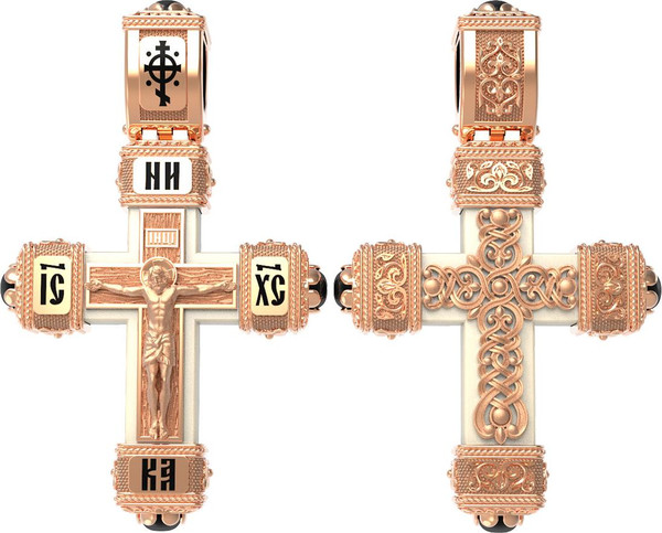 Крест из красного золота 585 пробы c эмалью, ониксом и бивнем мамонта