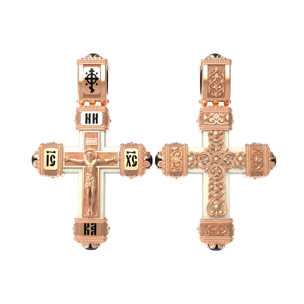 Крест из красного золота 585 пробы c эмалью, ониксом и бивнем мамонта