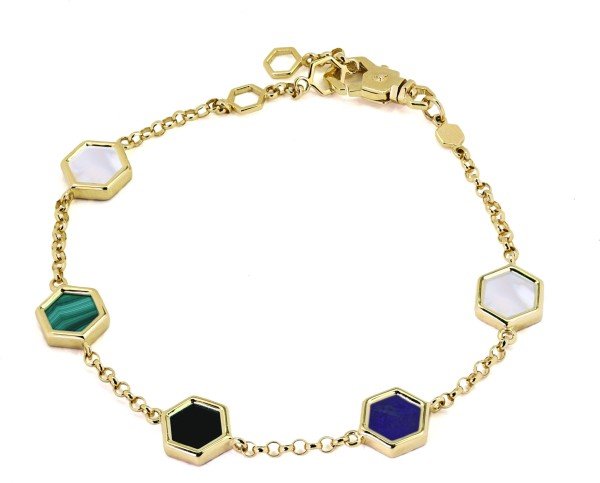 Браслет из лимонного золота c ониксом, лазуритом, малахитом и перламутром