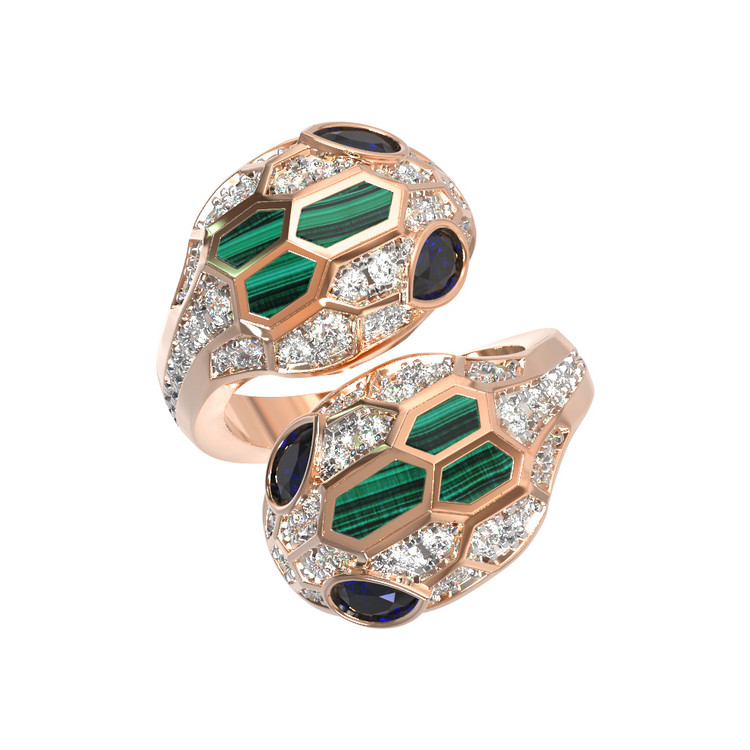 Кольцо из красного золота 585 пробы c бриллиантами, сапфиром и малахитом