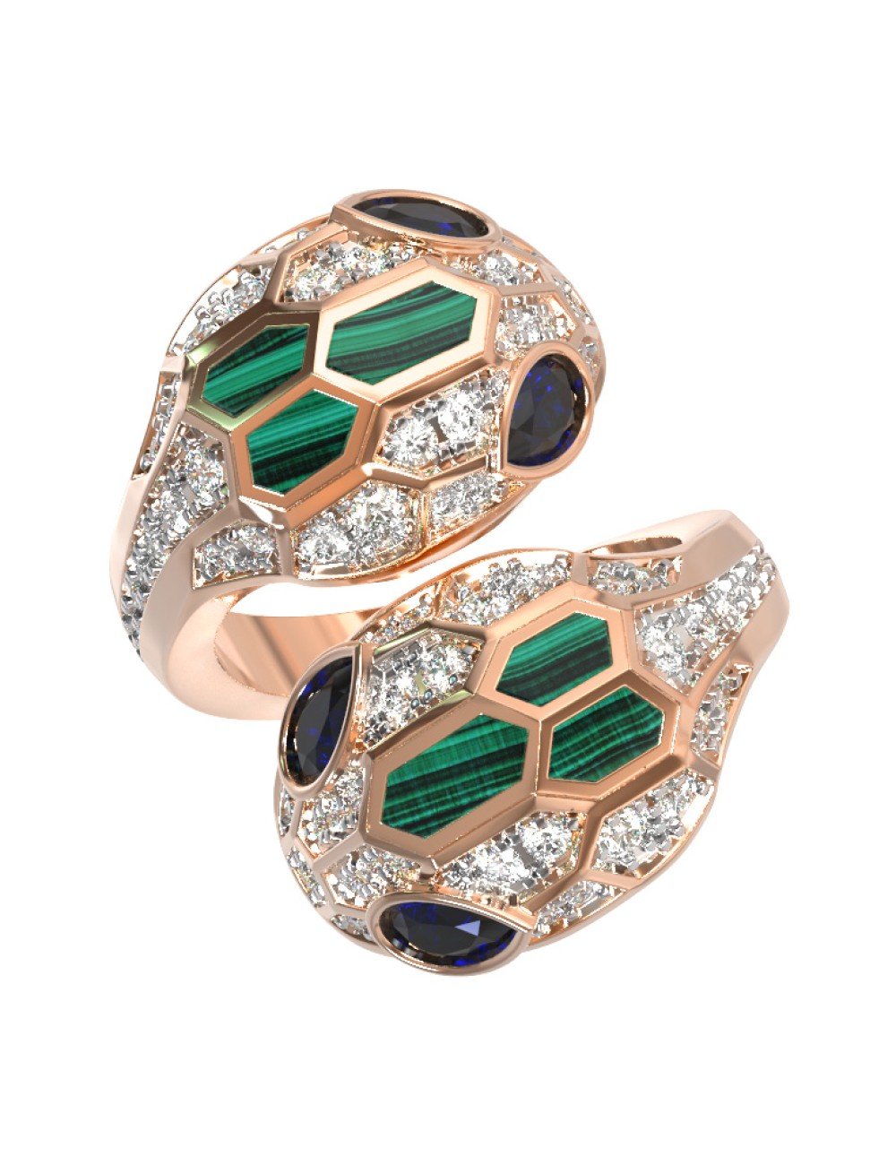 Кольцо из золота c бриллиантами, сапфиром и малахитом