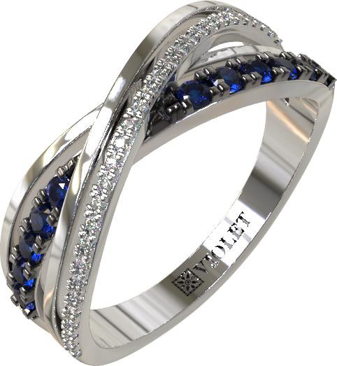 Кольцо из белого золота 585 пробы c бриллиантами и сапфиром