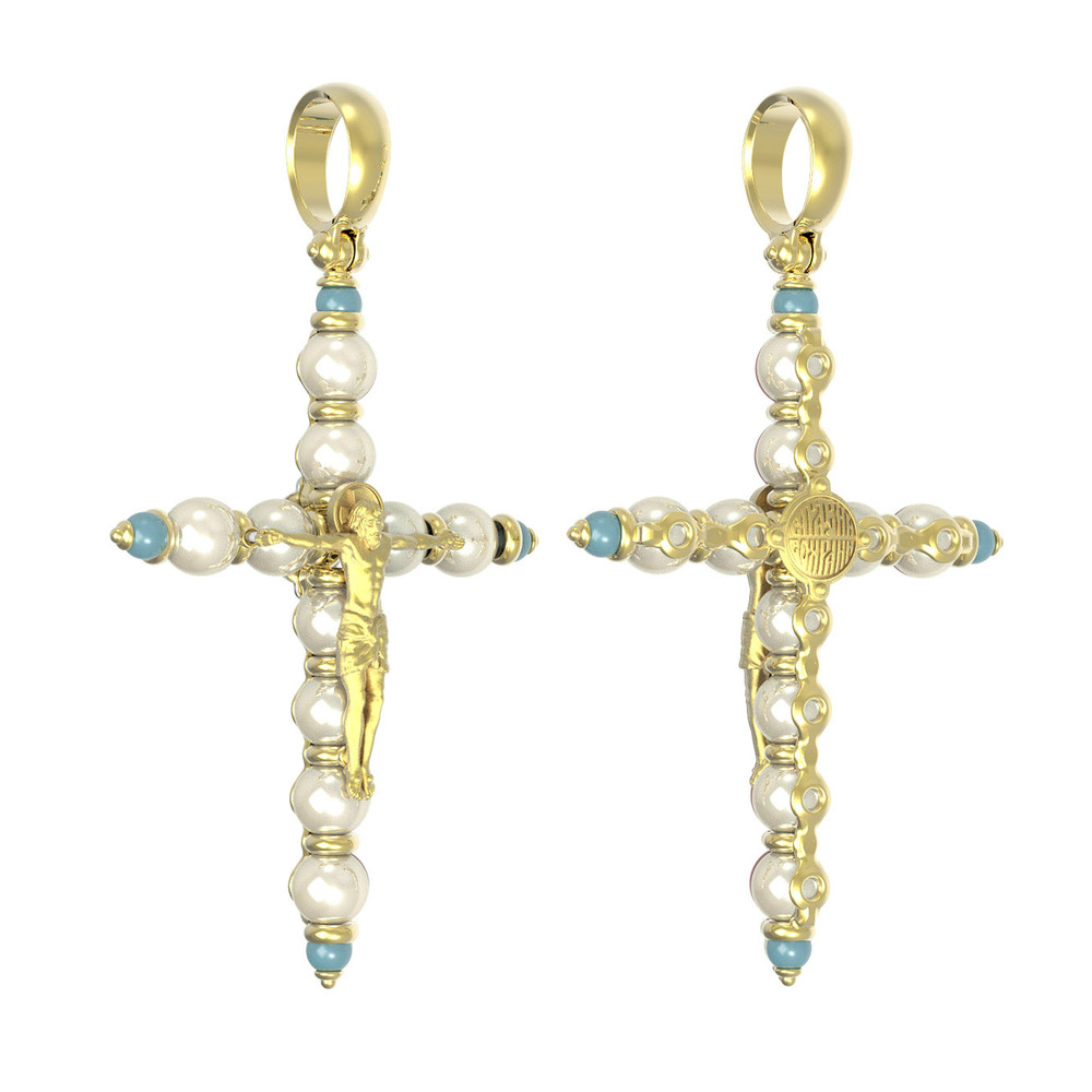 Крест из лимонного золота 585 пробы c жемчугом и бирюзой