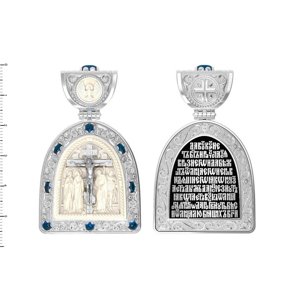 Нательная икона из белого золота 585 пробы c эмалью, сапфиром и бивнем мамонта
