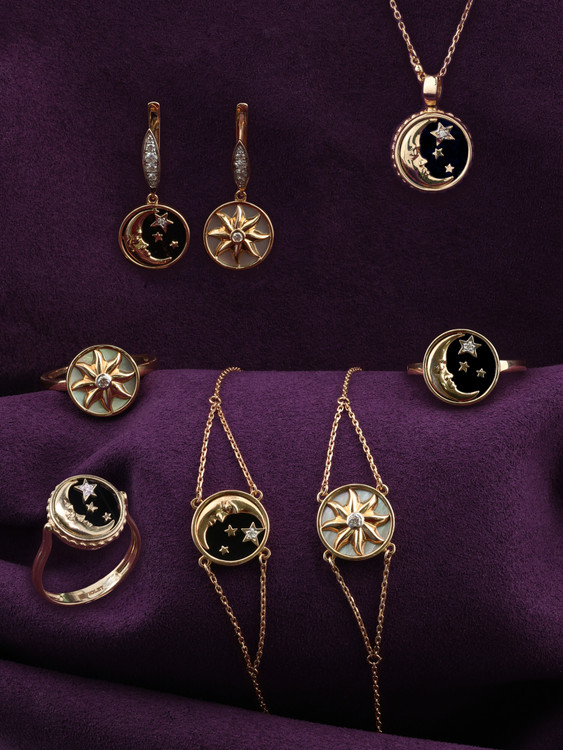 Серьги из красного золота 585 пробы c бриллиантами, ониксом и перламутром