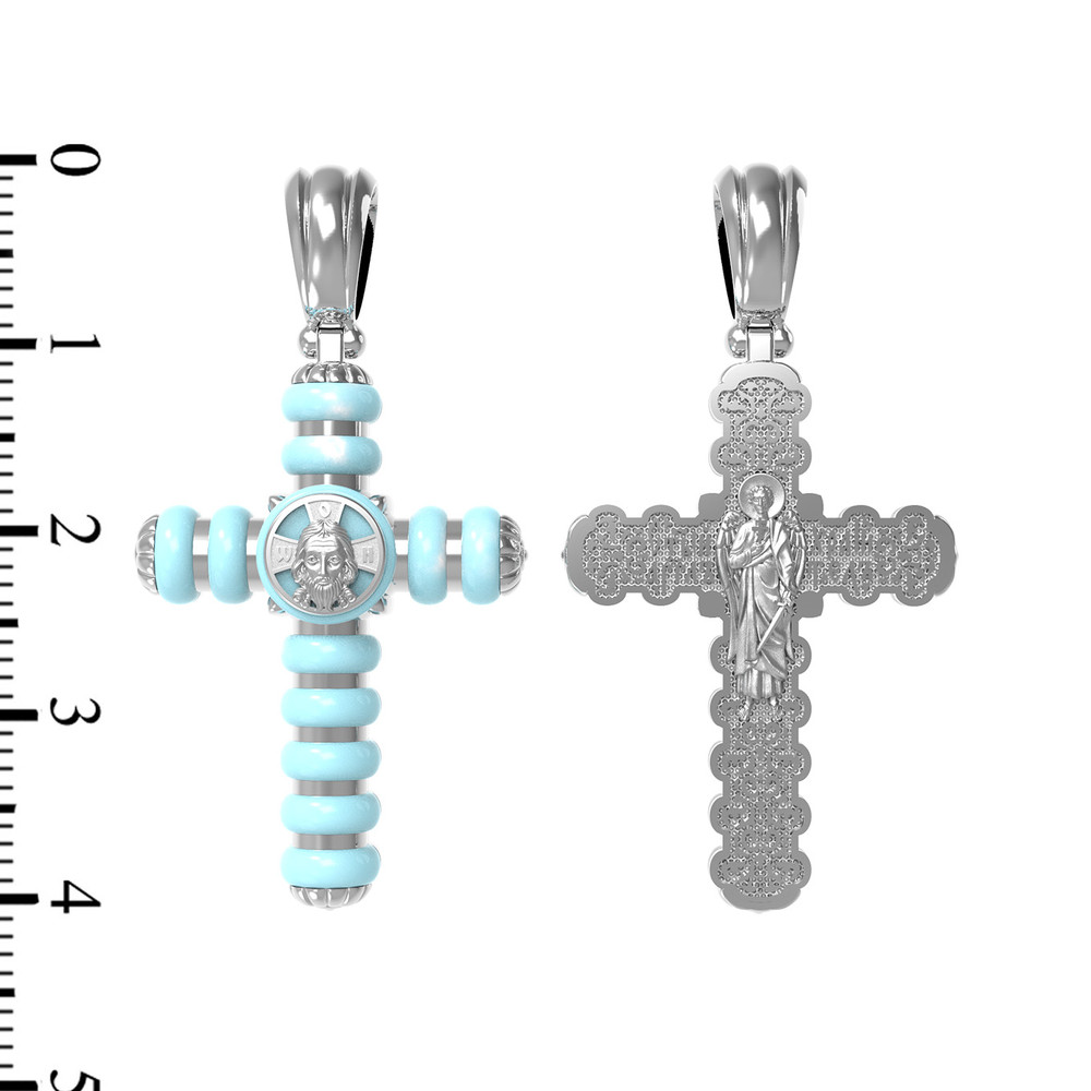 Крест из белого золота 585 пробы c бирюзой