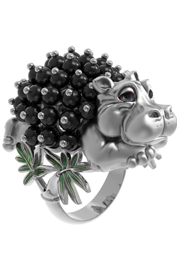 Кольцо из белого золота c эмалью и ониксом