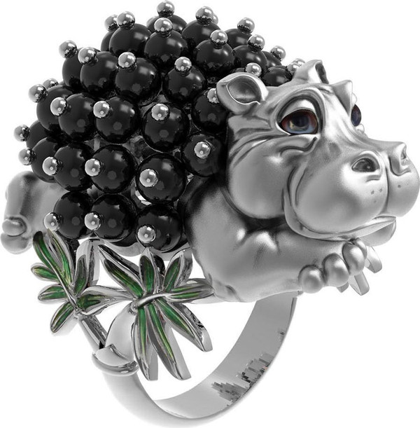 Кольцо из белого золота 585 пробы c эмалью и ониксом