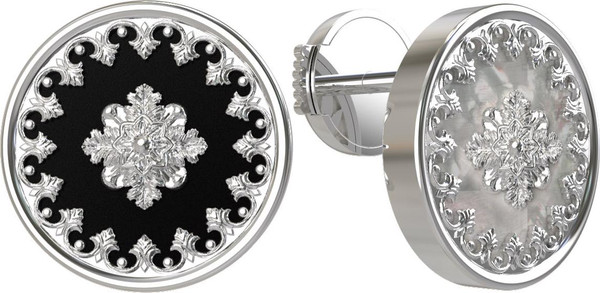 Серьги из белого золота 585 пробы c ониксом и перламутром