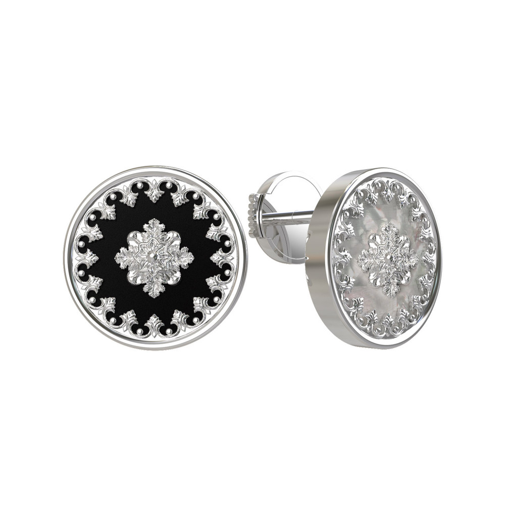 Серьги из белого золота 585 пробы c ониксом и перламутром