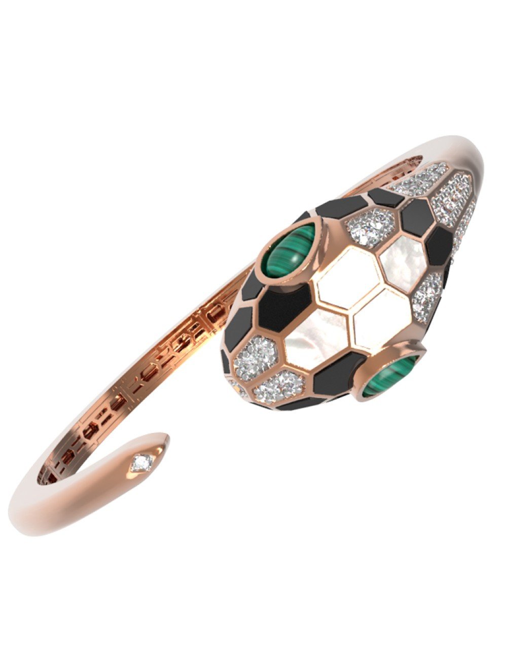 Браслет из золота c бриллиантами, рубином, ониксом, малахитом и перламутром