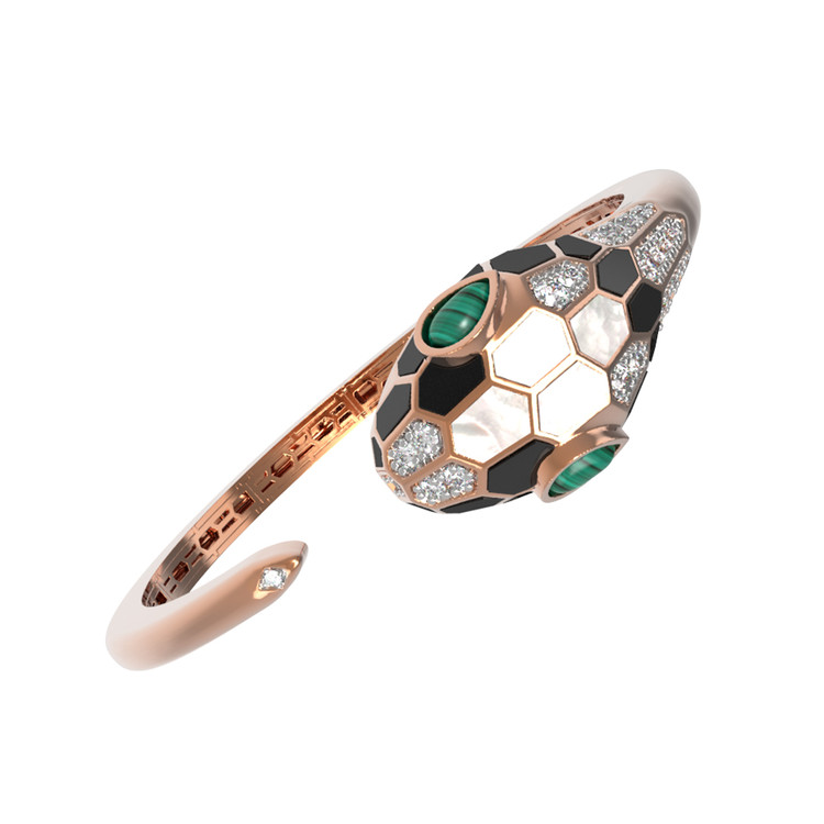 Браслет из красного золота 585 пробы c бриллиантами, рубином, ониксом, малахитом и перламутром