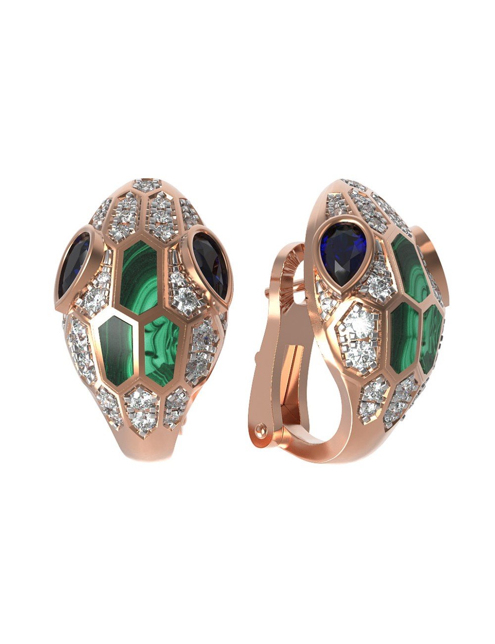 Серьги из золота c бриллиантами, сапфиром и малахитом