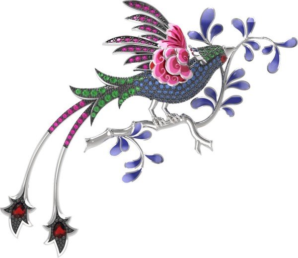 Брошь из белого золота c эмалью, фианитом и гранатом