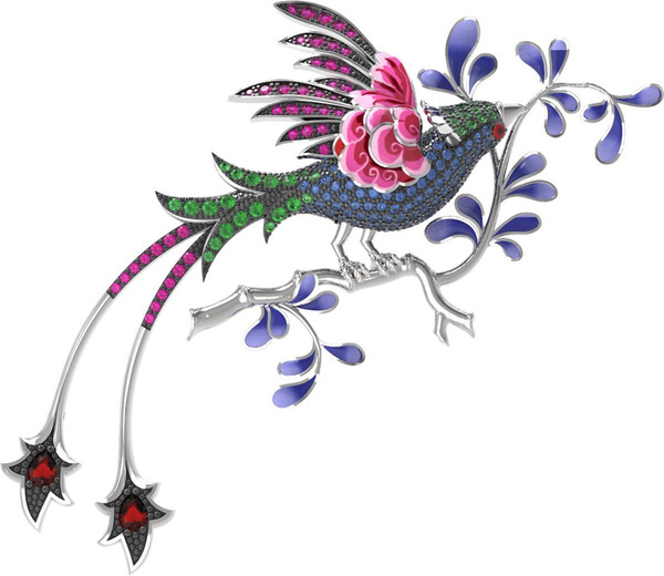 Брошь из белого золота 585 пробы c эмалью, фианитом и гранатом