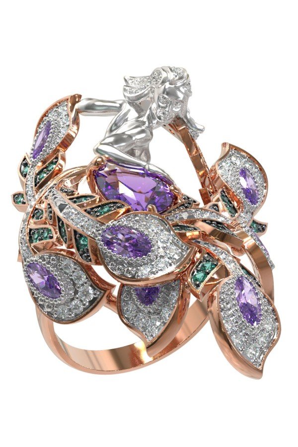 Кольцо из золота c фианитом и аметистом