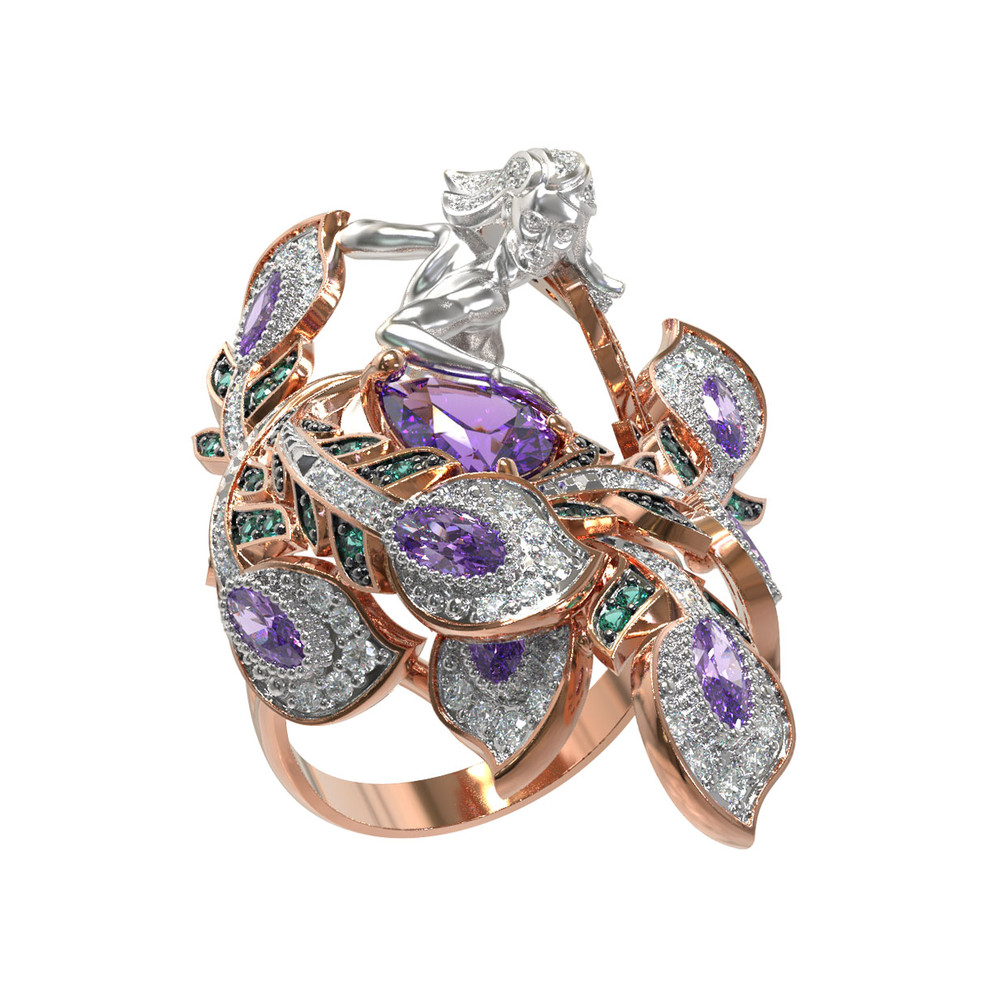 Кольцо из красного золота 585 пробы c фианитом и аметистом