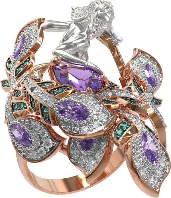 Кольцо из красного золота 585 пробы c фианитом и аметистом