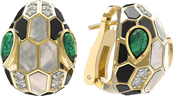 Серьги из лимонного золота 585 пробы c бриллиантами, рубином, ониксом, малахитом и перламутром