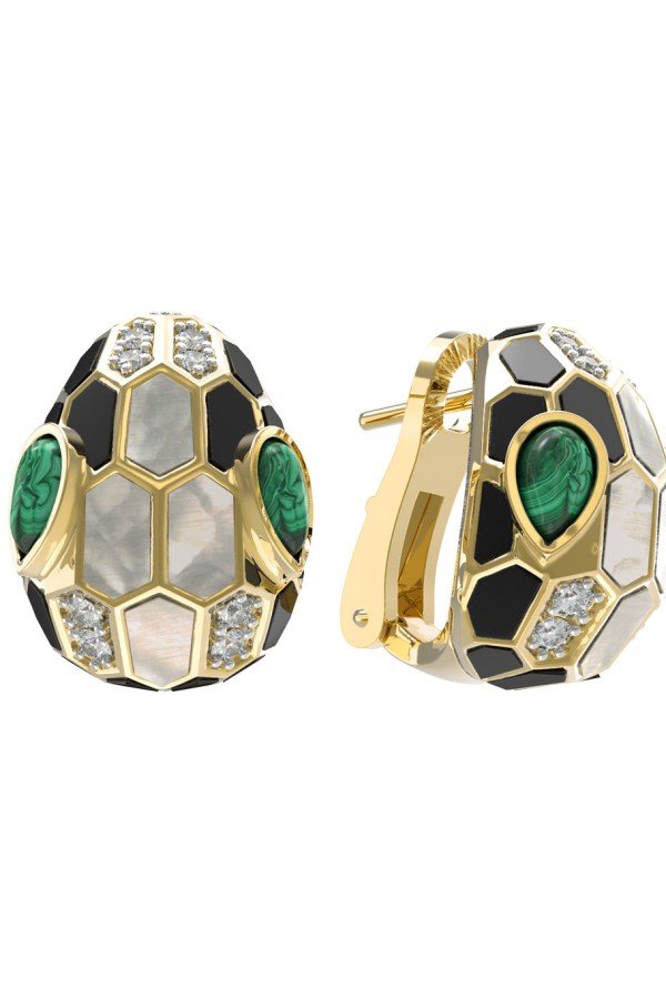 Серьги из лимонного золота c бриллиантами, рубином, ониксом, малахитом и перламутром