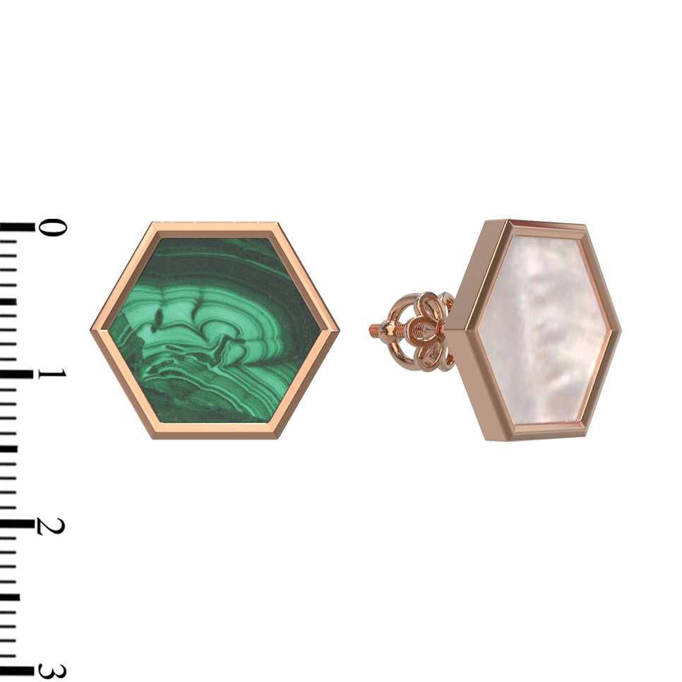 Серьги из красного золота 585 пробы c малахитом и перламутром