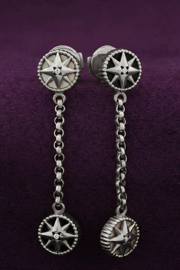 Серьги из белого золота c бриллиантами, ониксом и перламутром