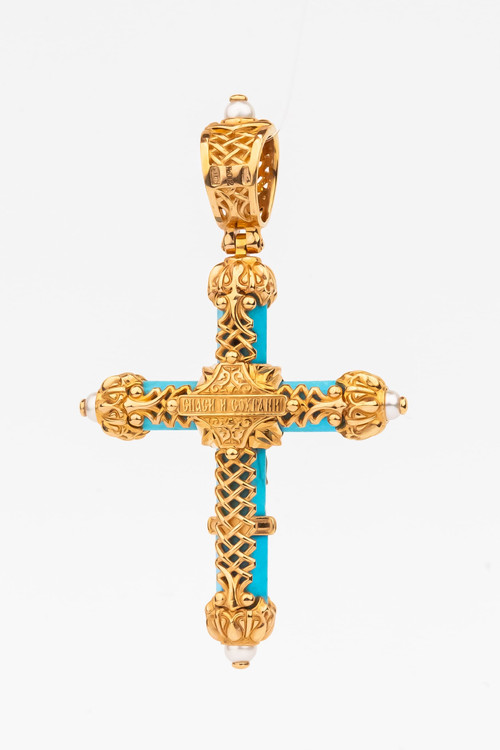 Крест из красного золота 585 пробы c жемчугом и бирюзой