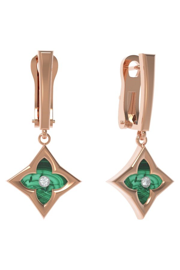 Серьги из золота c бриллиантами и малахитом