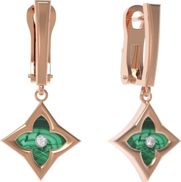 Серьги из золота c бриллиантами и малахитом