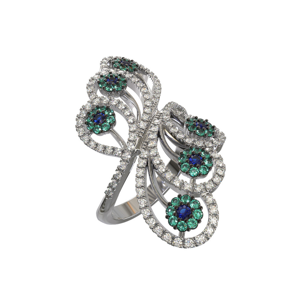 Кольцо из белого золота 585 пробы c бриллиантами, сапфиром и изумрудом