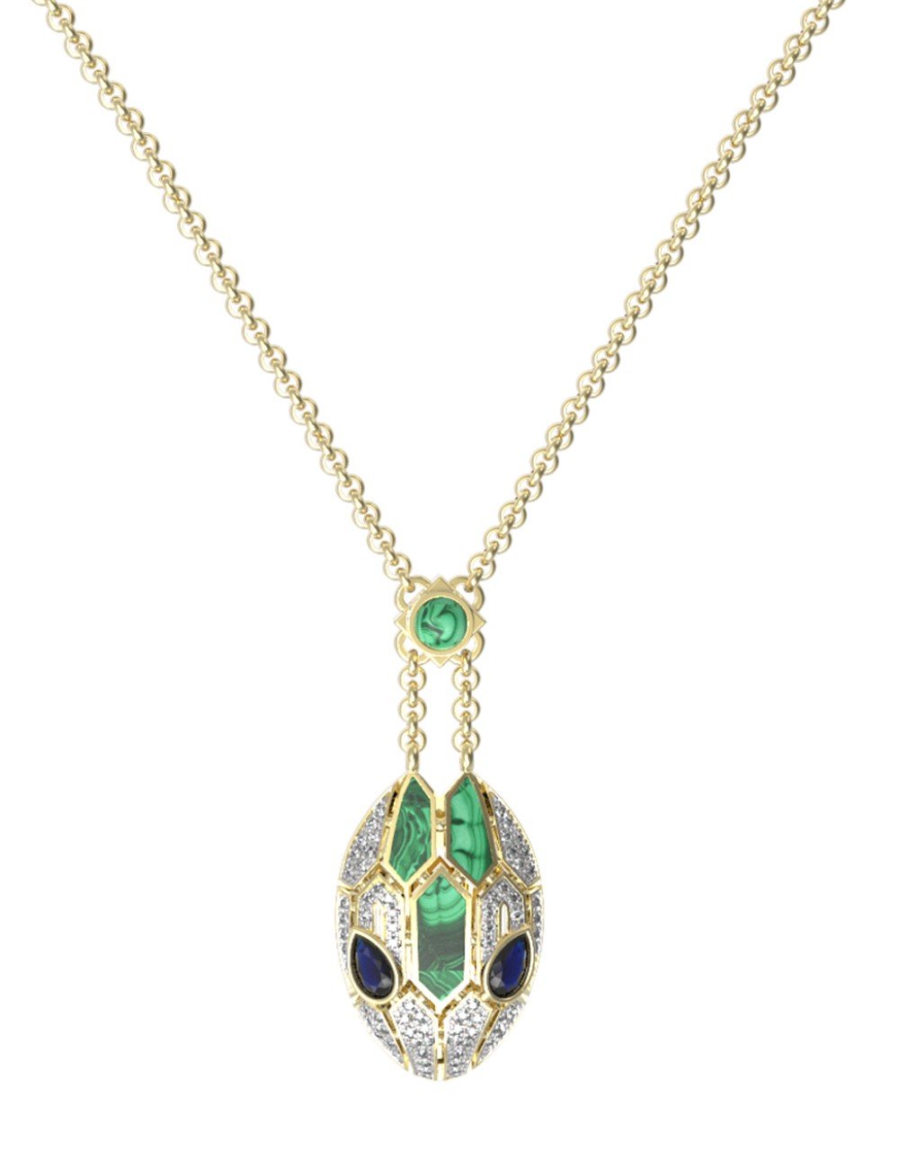 Колье из лимонного золота c бриллиантами, сапфиром и малахитом