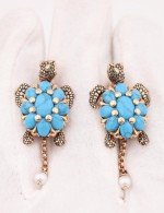 Серьги из золота 585 пробы c эмалью, жемчугом и бирюзой