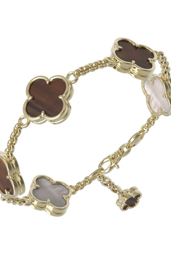 Браслет из лимонного золота c тигровым глазом и перламутром